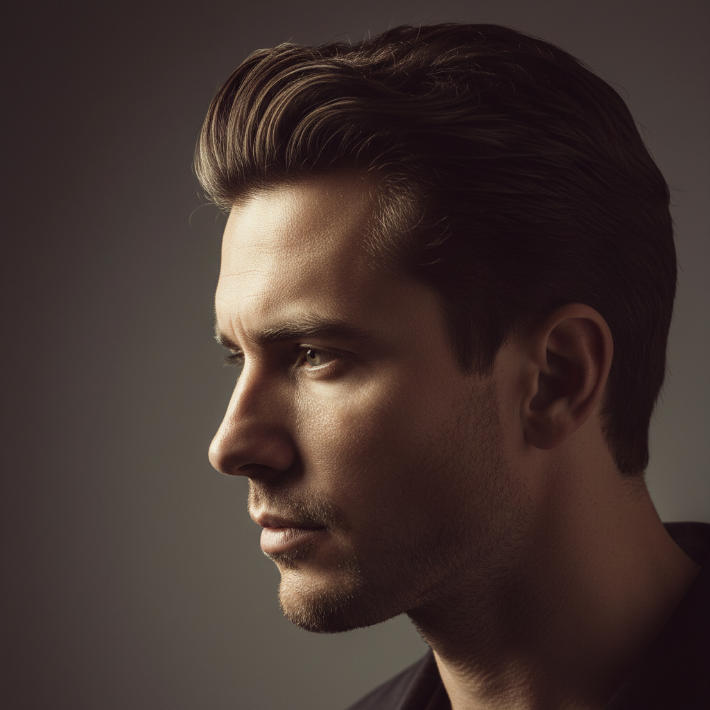 Actor mid-turn, studio light carving one side of the jawline while the other falls to soft shadow