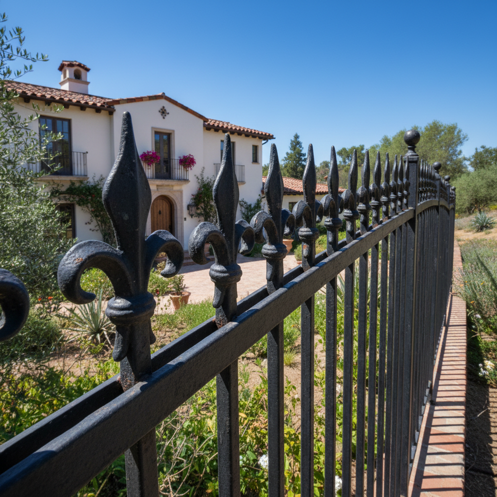Ornate black wrought iron fence with decorative spear tops framing a Spanish Revival home