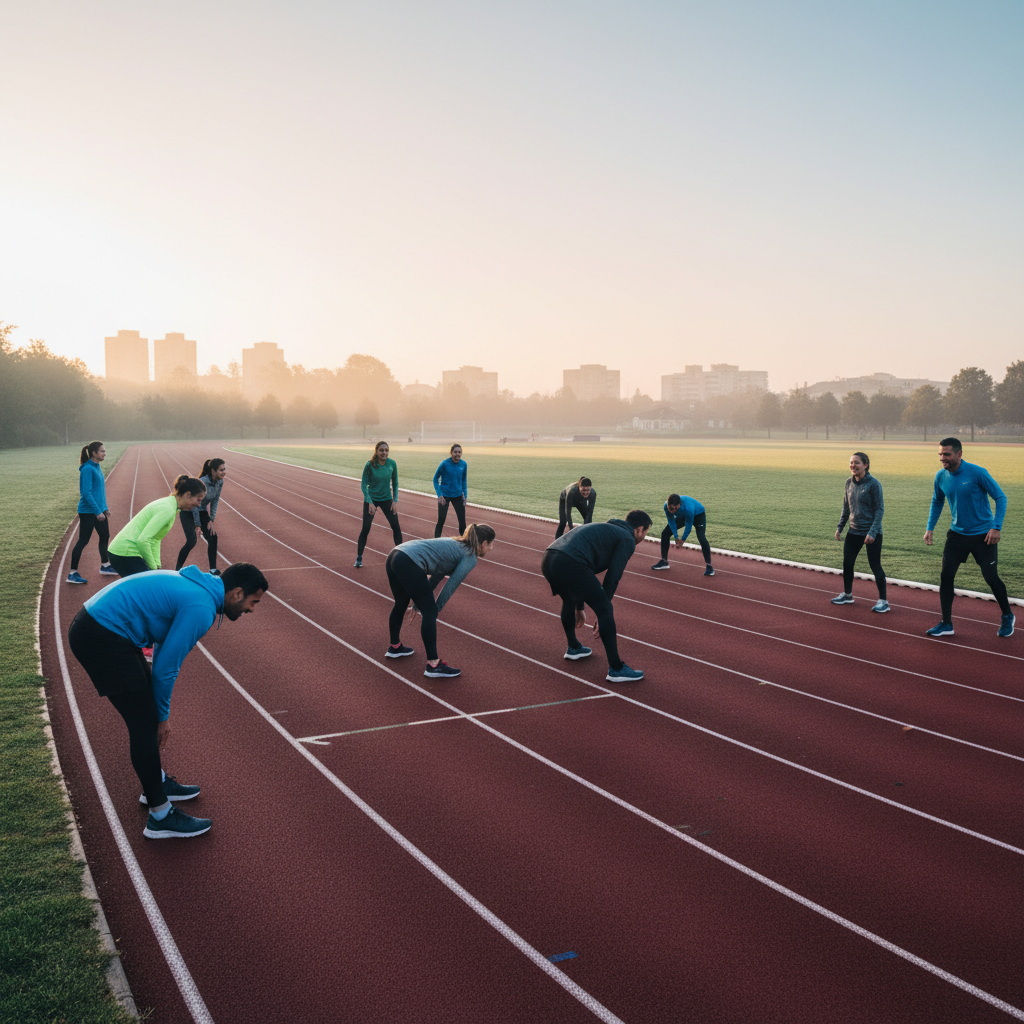 Runners warming up on an athletics track at dawn, stretching and laughing
