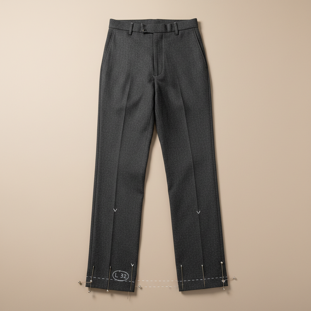 Charcoal trousers laid flat with hem pins and chalk measurement marks