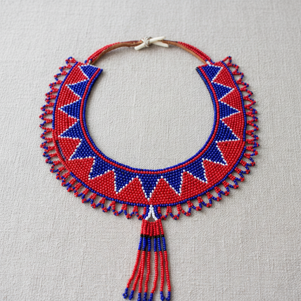 Colorful Maasai beaded necklace, red and blue beads, handcrafted African jewelry