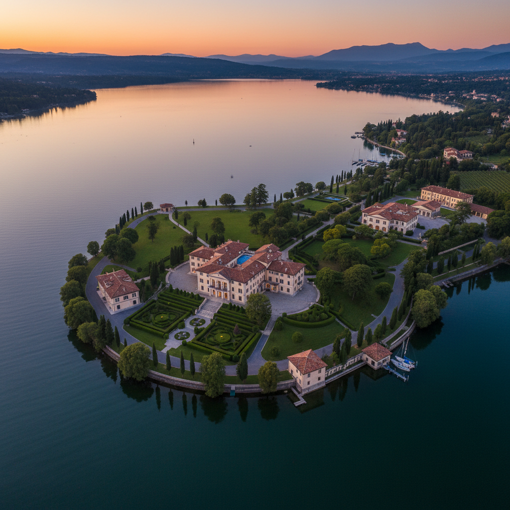 Aerial view of Shoreline estate at dusk with lake reflecting the last light of evening