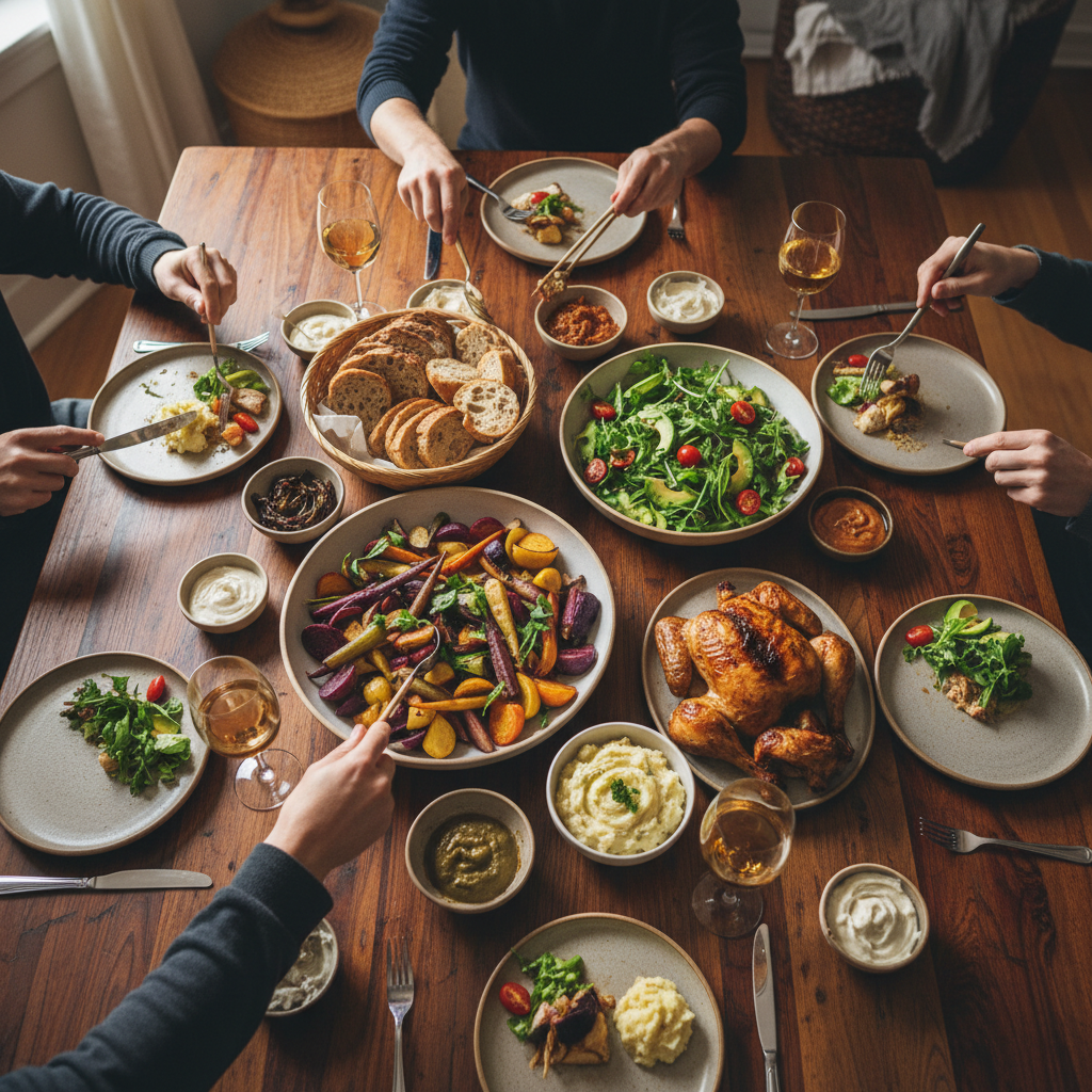 Overhead shot of shared dishes on warm wooden table with hands reaching in
