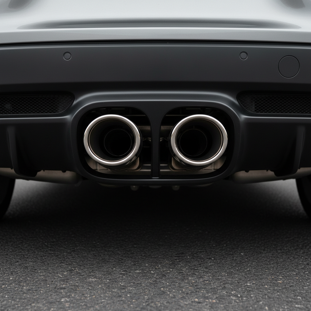 Polished stainless steel dual exhaust tips emerging from rear bumper of performance car