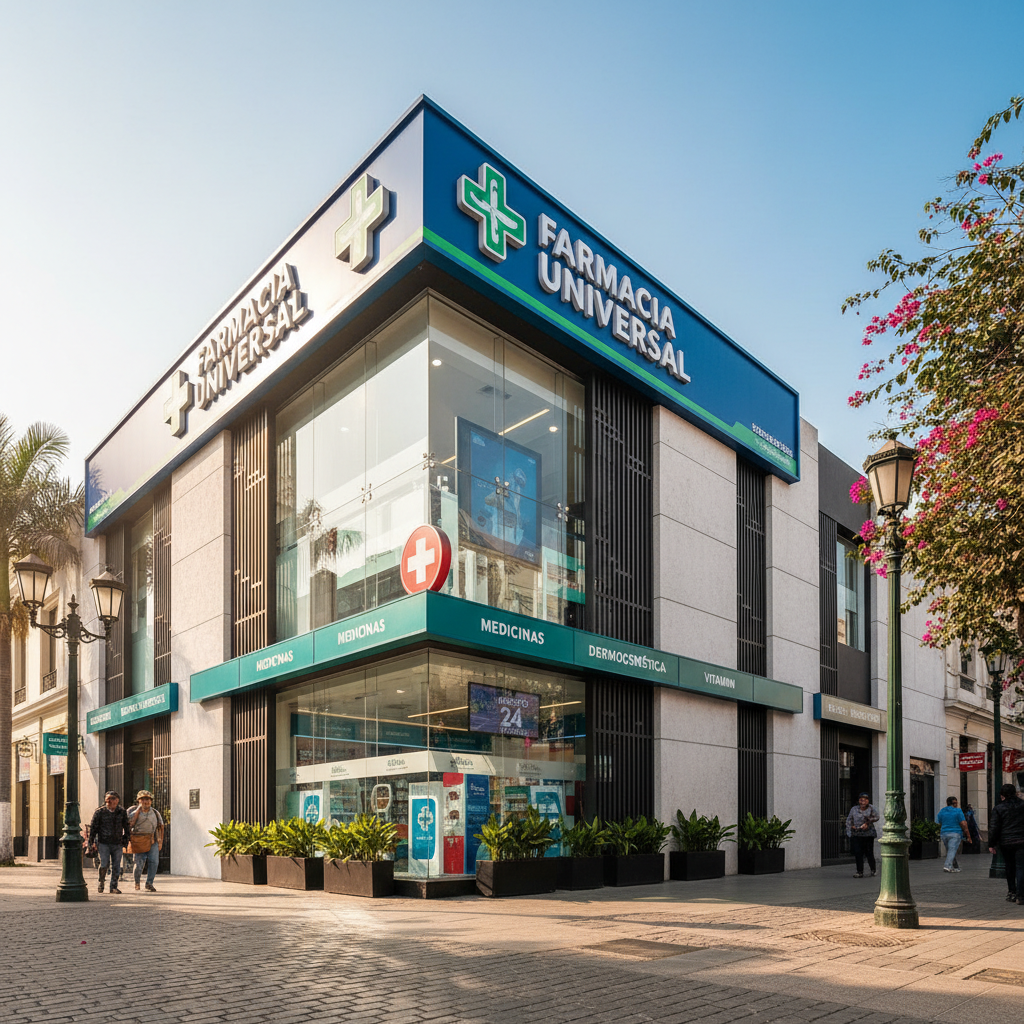 Pharmacy retail store front with bright branded signage and professional facade, daytime street view