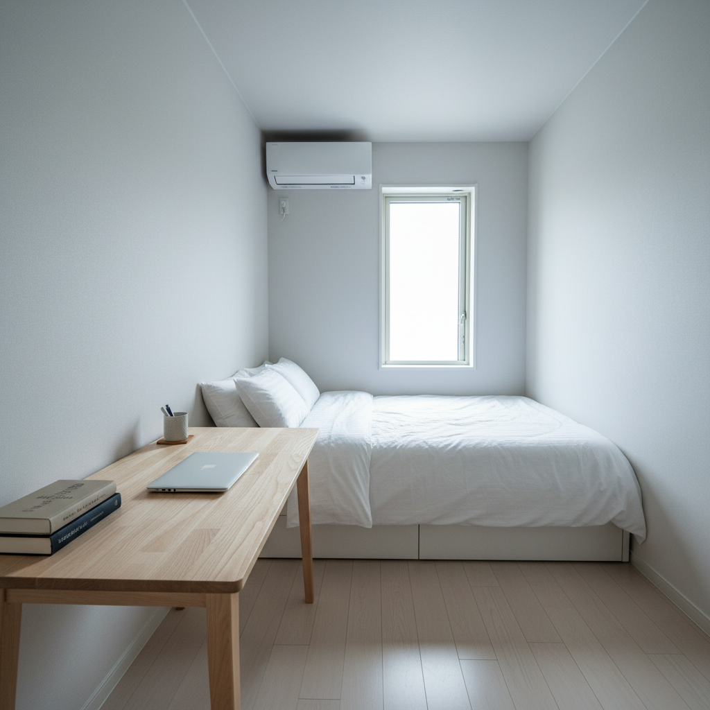 Slim compact portable air conditioner with minimal design in a small bedroom