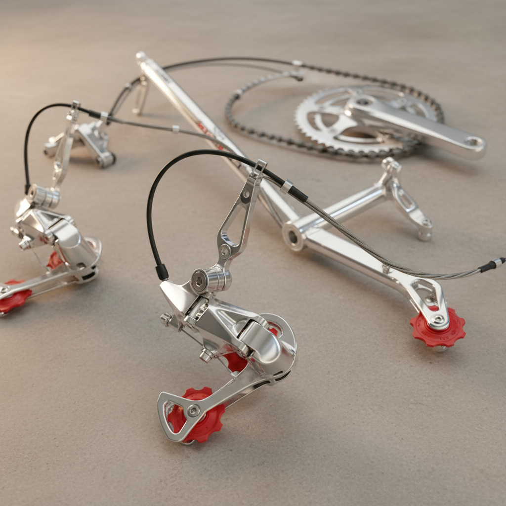 Mechanical bicycle groupset with polished derailleur and cable routing detail