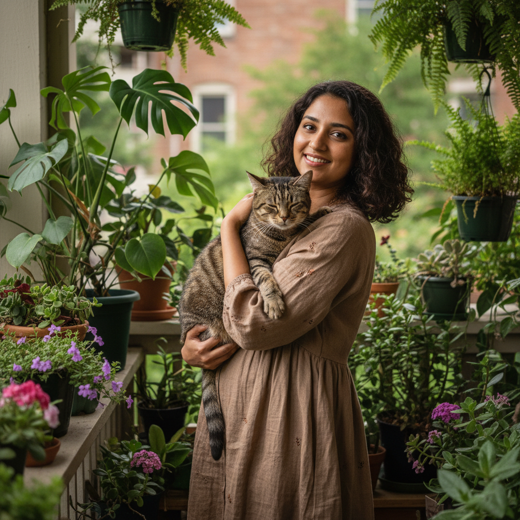 South Asian woman smiling warmly on her apartment porch surrounded by plants, holding a tabby cat