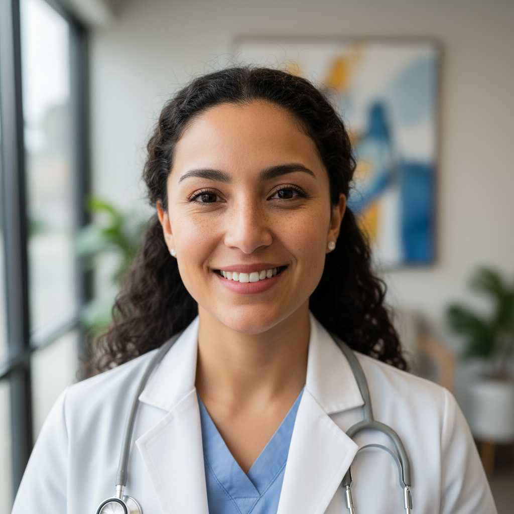 Latina woman in professional attire, warm smile, healthcare professional portrait in natural light