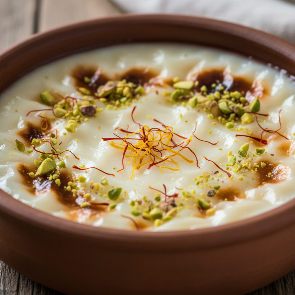 Creamy Turkish rice pudding in clay bowl with golden saffron and crushed pistachios