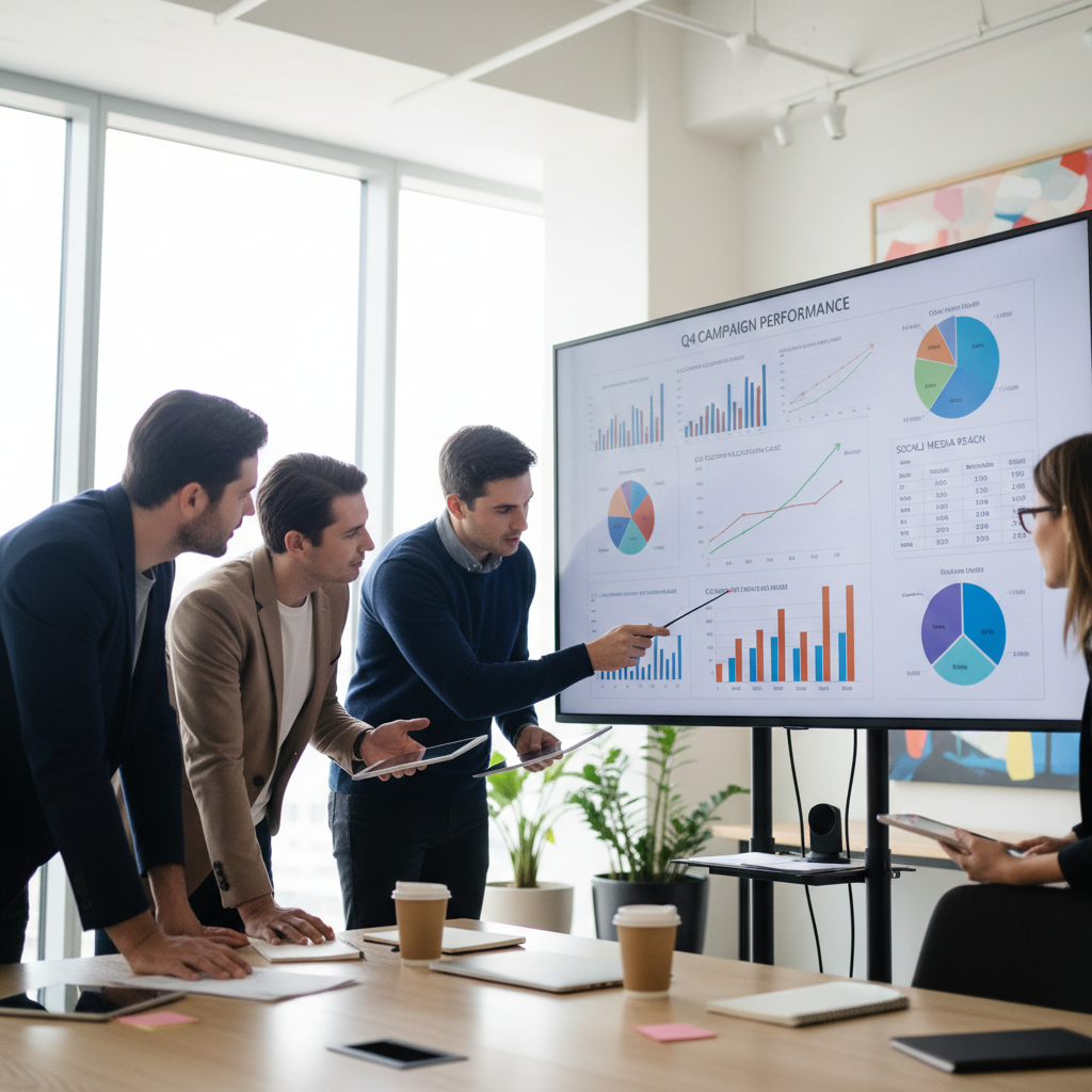Marketing analytics team collaborating around large monitor showing colorful data visualizations, bright modern office with open plan