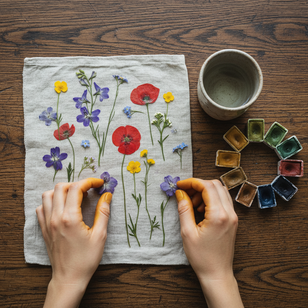 Top-down view of hands arranging pressed wildflowers beside natural watercolors, turmeric-stained fingers, linen scraps and a ceramic water cup on worn oak table