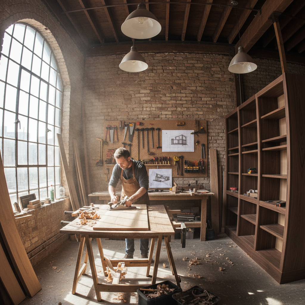 Carpentry workshop with wood trim and tools, warm wood grain detail