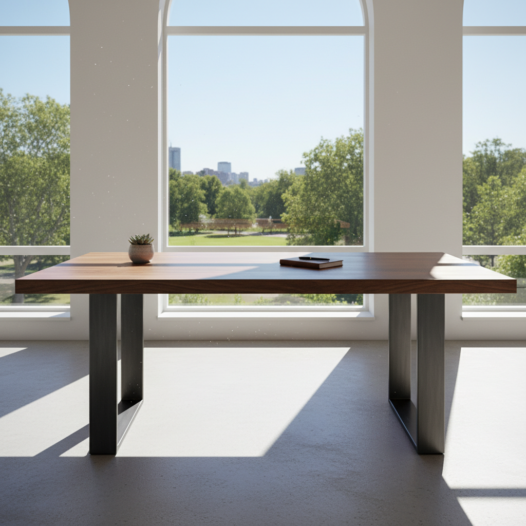 Clean home office with wooden workstation, built-in shelving, and natural light creating productive work environment