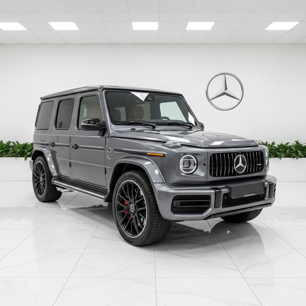 Mercedes-Benz G 63 AMG G Wagon in Polar White, boxy iconic silhouette, dramatic dark studio lighting, chrome accents gleaming
