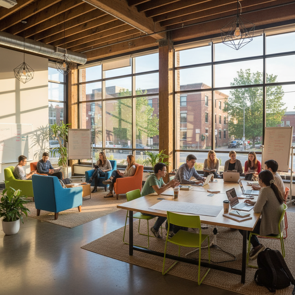 Students collaborating in a modern tech workspace, bright natural light, focused atmosphere
