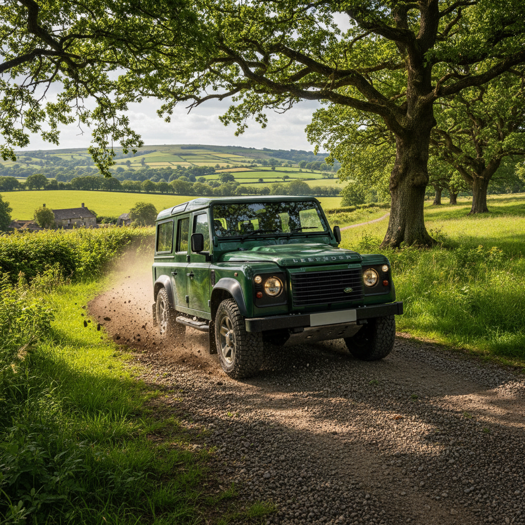 Land Rover Defender mud terrain tyres biting gravel on a green lane track, Cotswold countryside visible