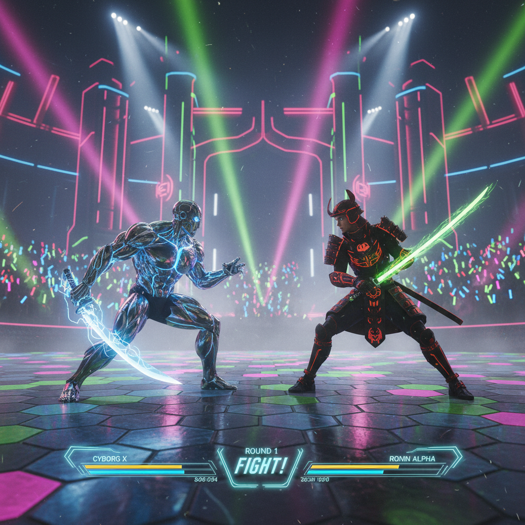Multiple colorful characters fighting in a neon-lit arena battle stage