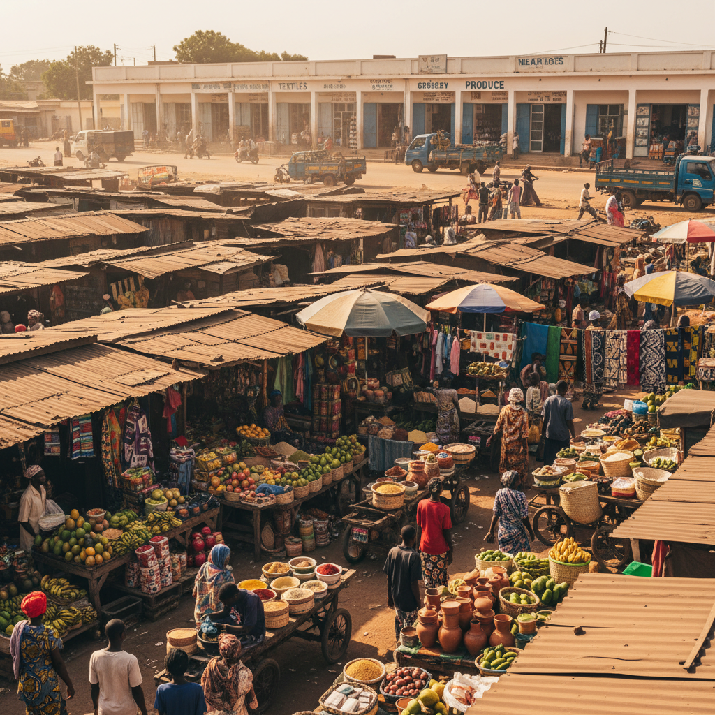 Vibrant African market with people and fresh produce in a bright open-air setting, community commerce