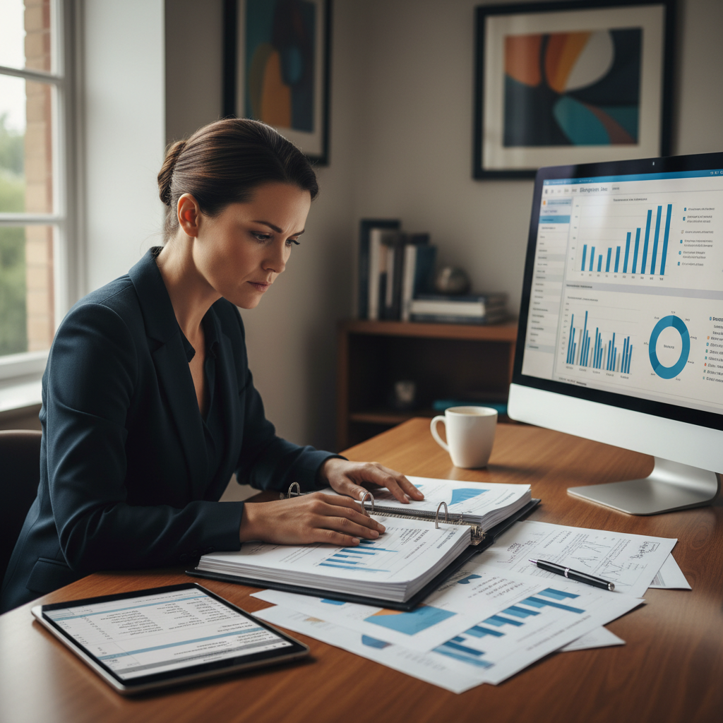 Professional woman reviewing financial documents and compensation claim forms