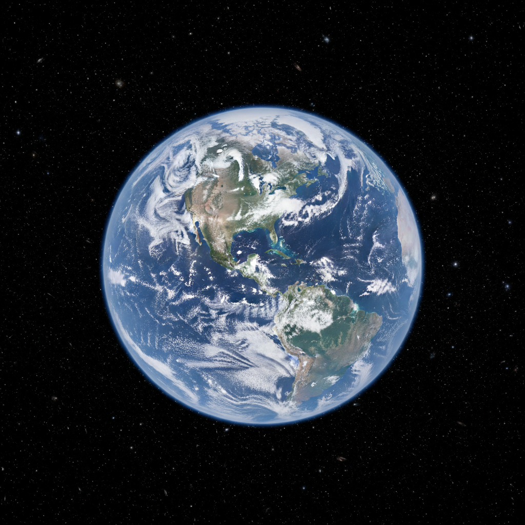 Earth viewed from space in deep cosmic darkness with soft blue atmosphere, vast and humbling