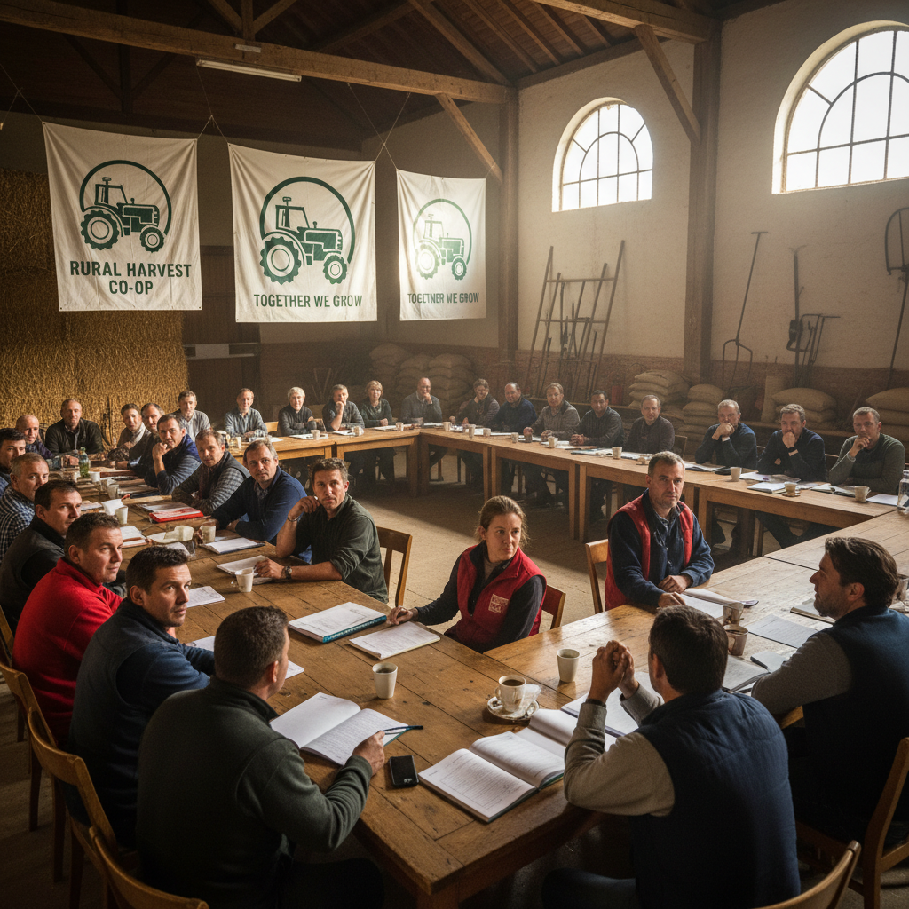 Reunión de socios en asamblea general de la cooperativa rural
