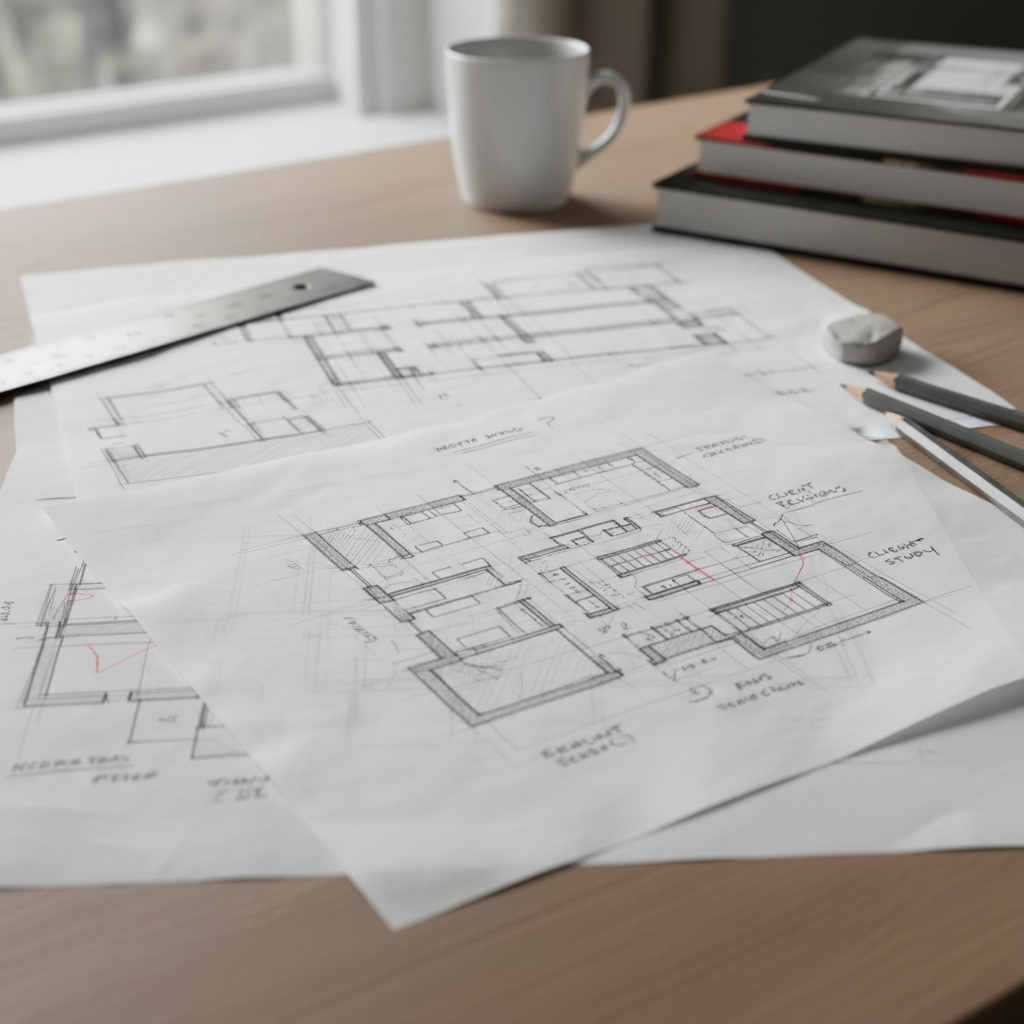Architectural sketches and hand-drawn floor plans on trace paper with pencil annotations