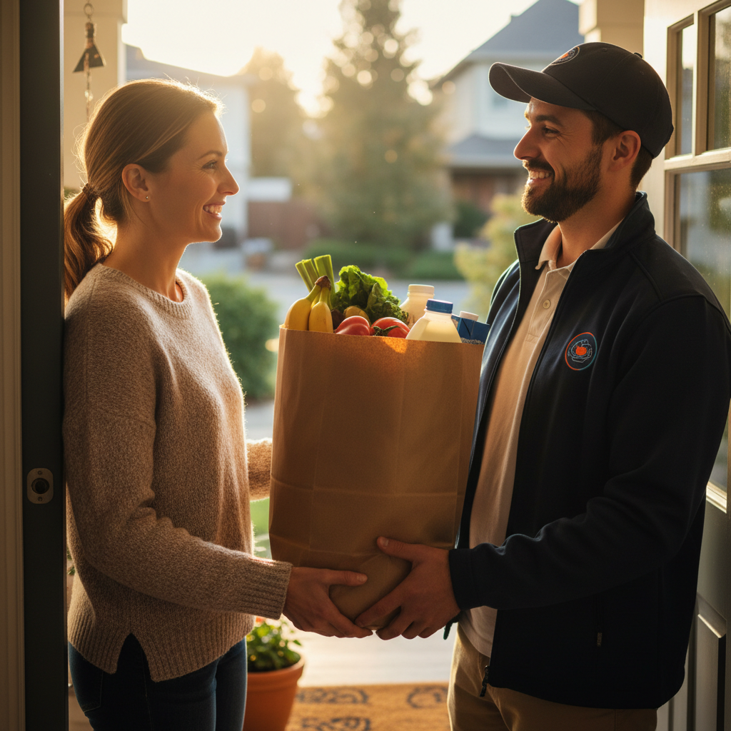 Delivery person handing over a package to a customer at their front door