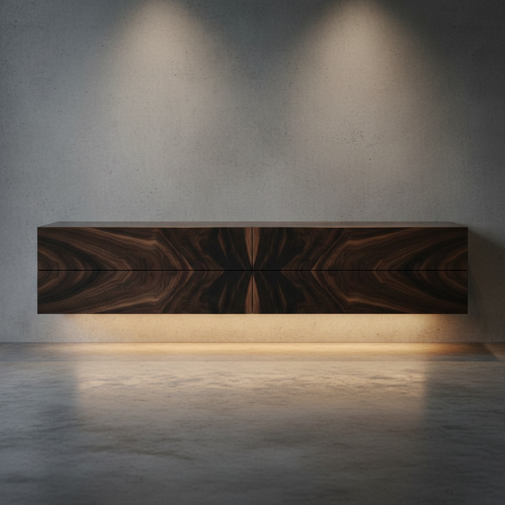 White oak media console with open and closed storage, modern living room, TV above