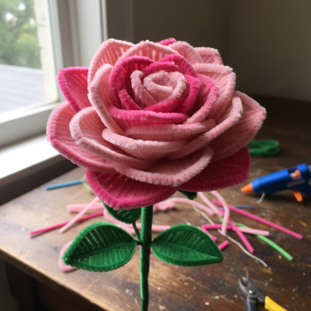 Handcrafted pink hair bow being made with ribbon on wooden table, soft natural lighting
