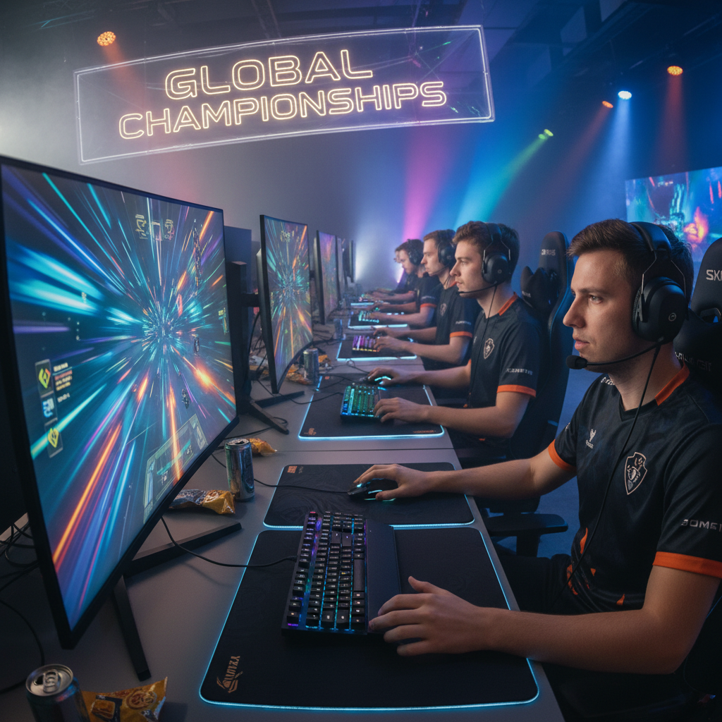 Competitive gaming event with multiple screens and intense players in dark atmospheric hall
