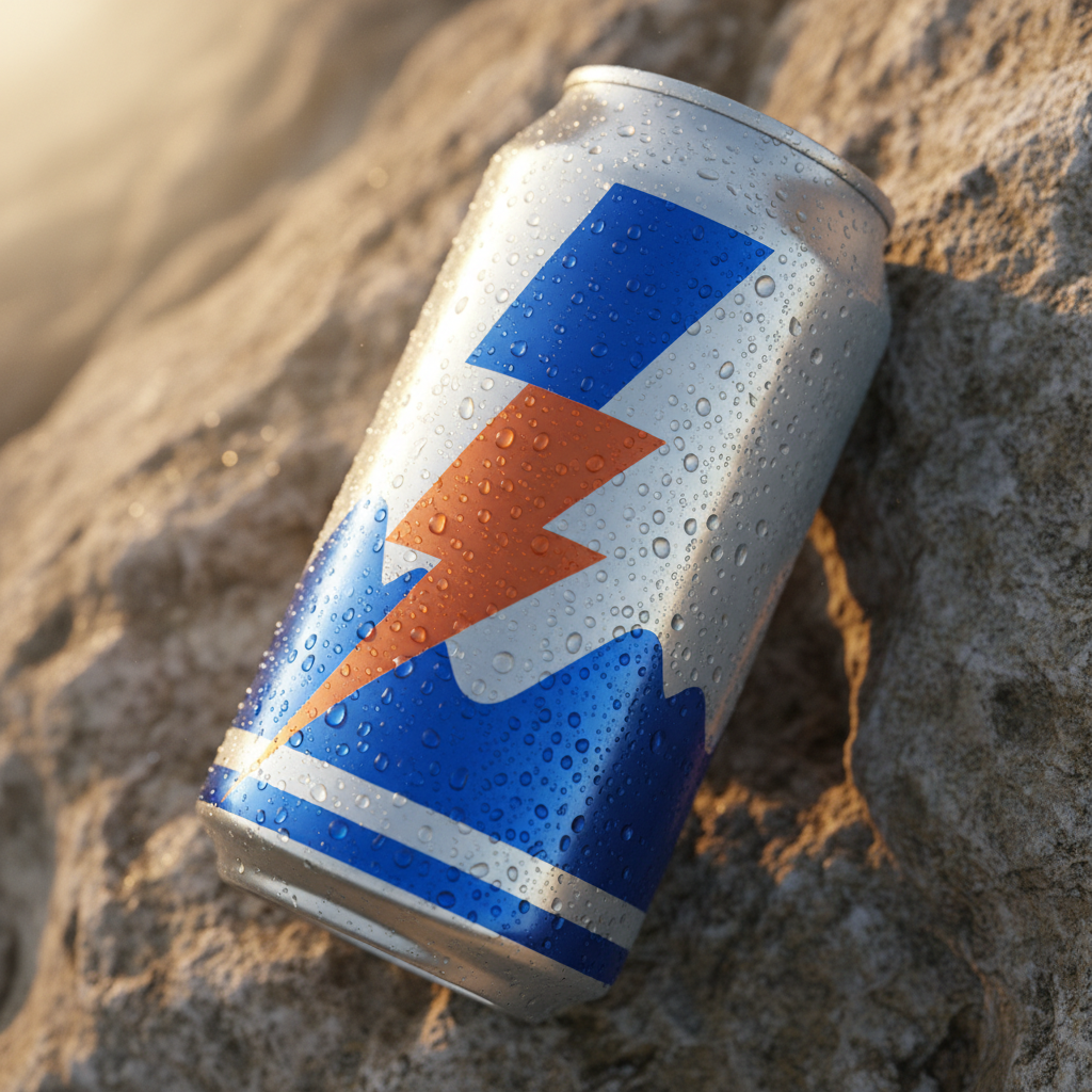 A single anonymous energy drink can lying on its side against raw limestone, condensation beading along the aluminum, warm directional light from upper left