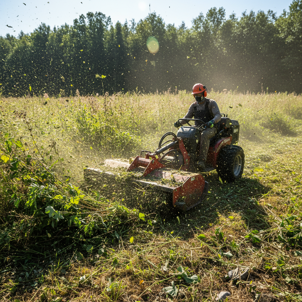 Bush clearing service on overgrown land, workers with tools, thick vegetation being removed
