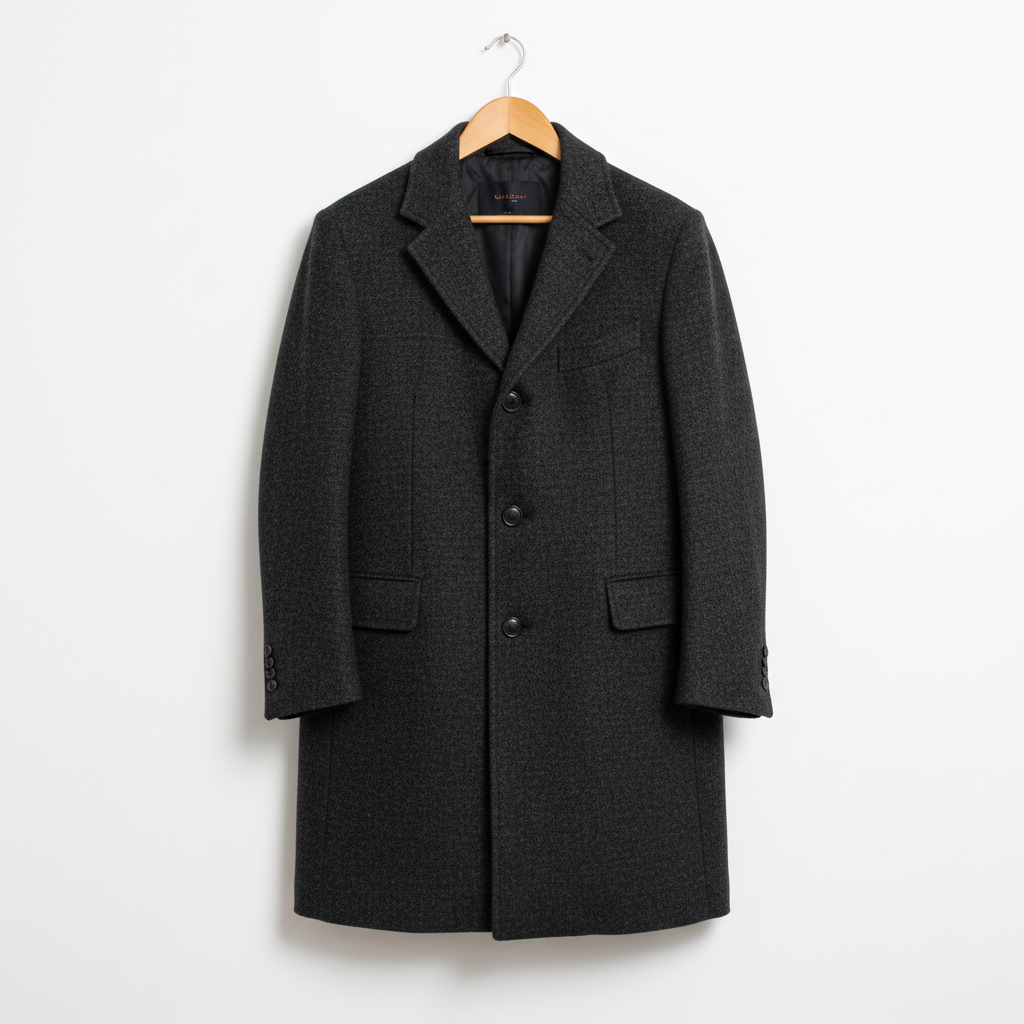 Oversized cream wool coat hanging against a white wall, architectural minimalist setting, soft diffused light