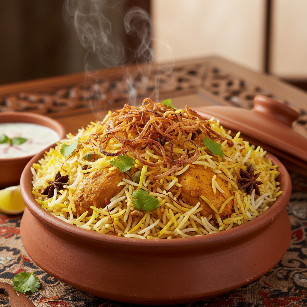Hyderabadi dum biryani with saffron, caramelized onions and aromatic spices in dark copper pot