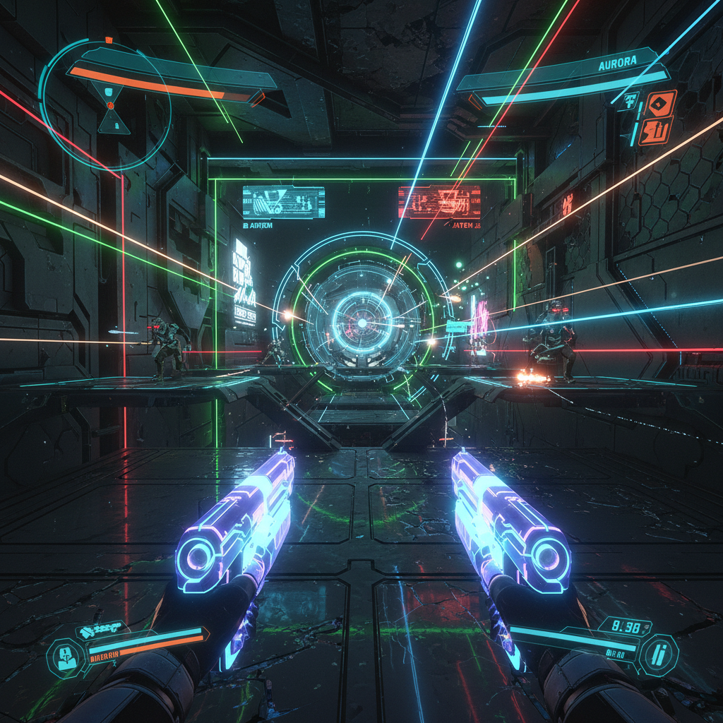 Futuristic tactical shooter game with neon orange and dark environment