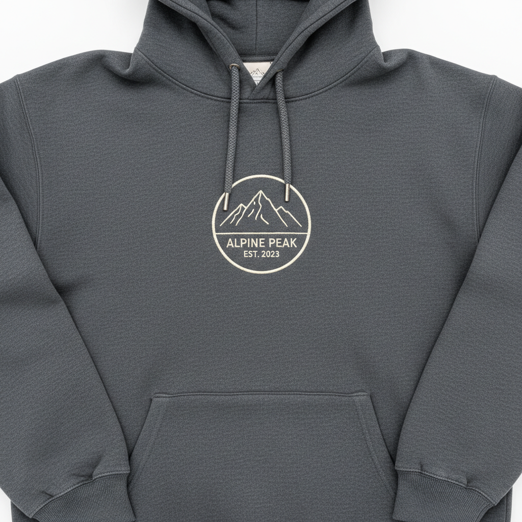 Stack of premium heavyweight hoodies in dark charcoal with custom print, minimal dark studio, shadows