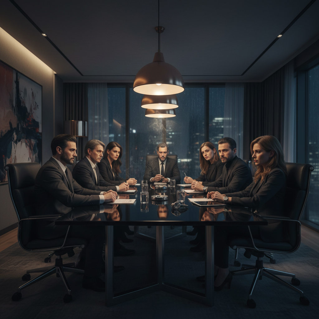 Business executives in dark suits reviewing contracts, low-key boardroom lighting, deep shadows, authoritative atmosphere