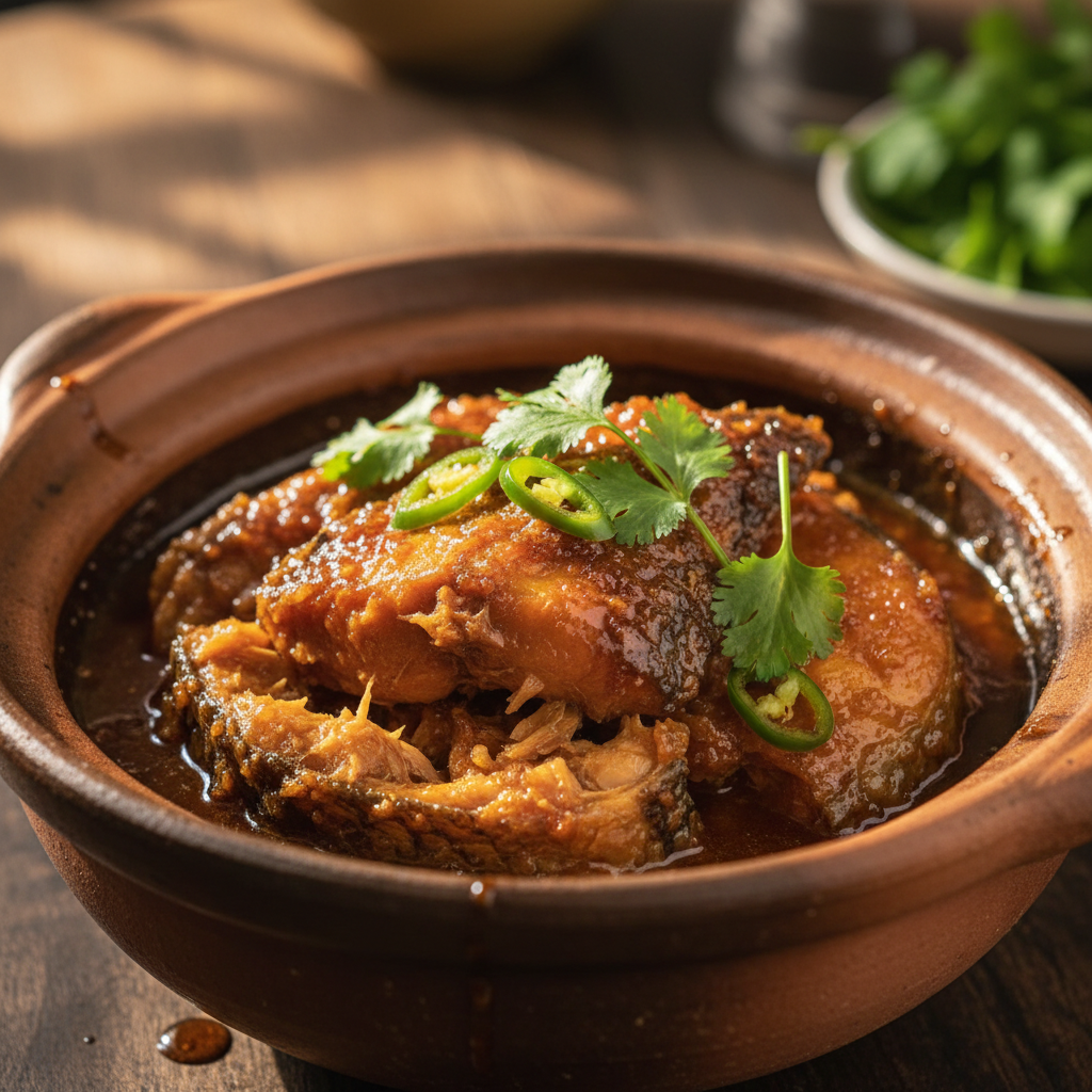 Clay pot of caramelized catfish glazed in fish sauce and palm sugar