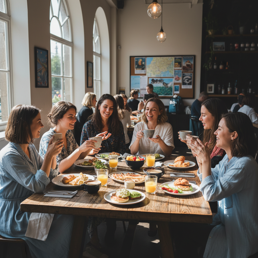 Women gathered around a brunch table laughing and talking