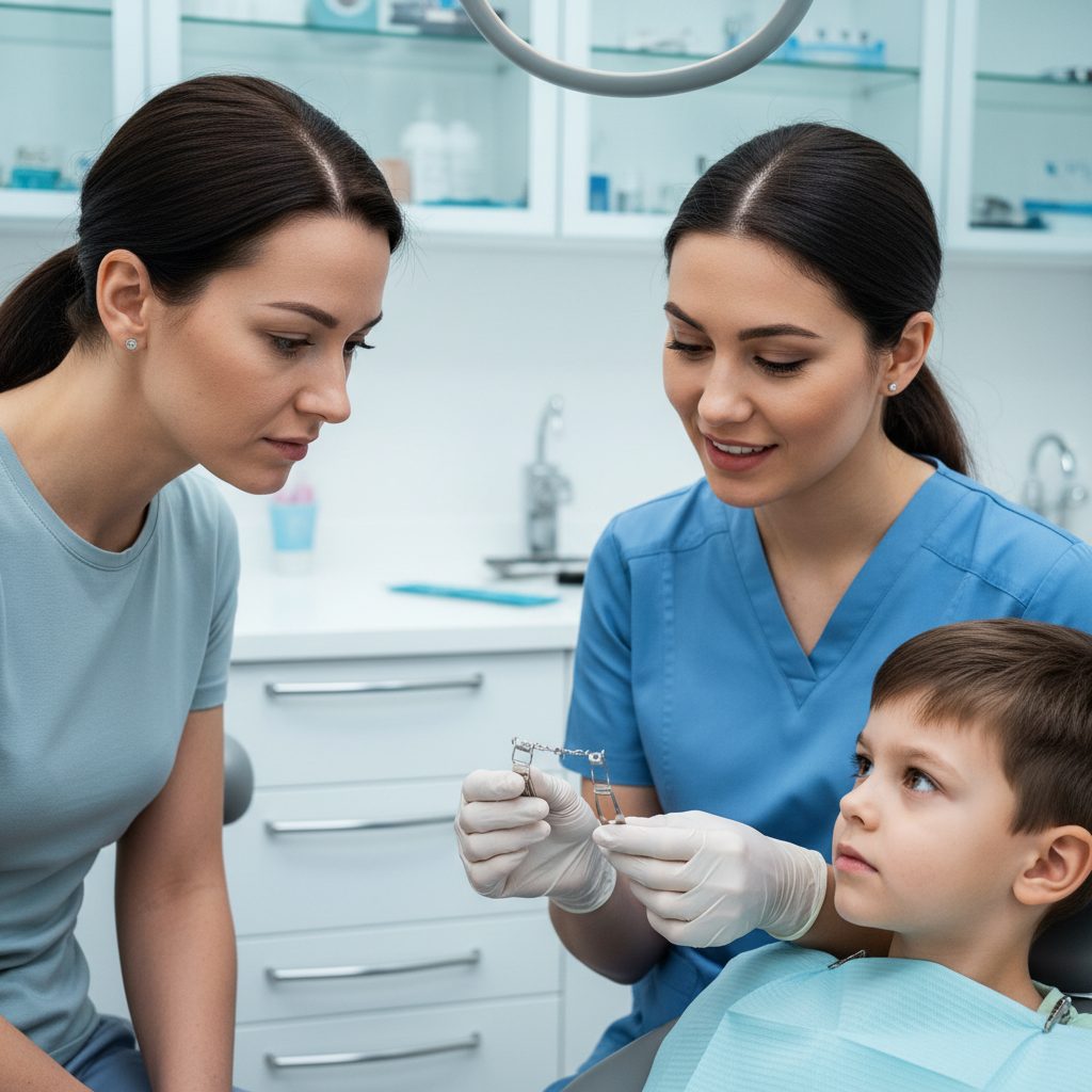 Dentist showing parents a dental model with space maintainer