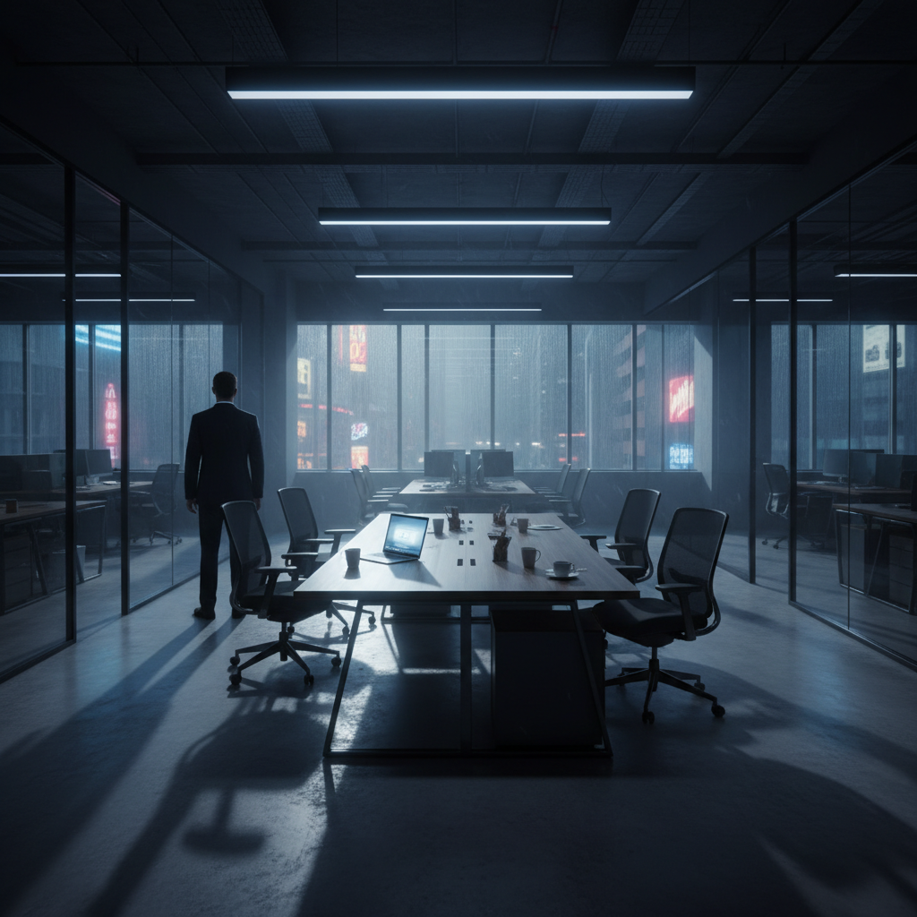 Man in dark navy tailored suit against dim office backdrop, moody shadows, sharp collar detail