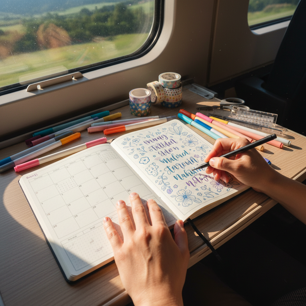 Bullet journal spread being sketched on a train commute with coloured pens and washi tape on a wooden fold-down tray