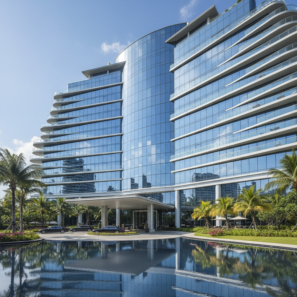 Luxury hotel exterior with modern architecture and glass facade