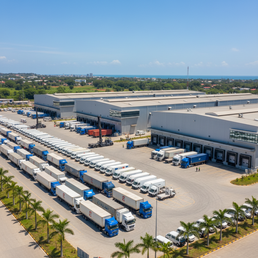 Aerial view of a busy logistics hub with trucks and containers, organised yard, clear sky
