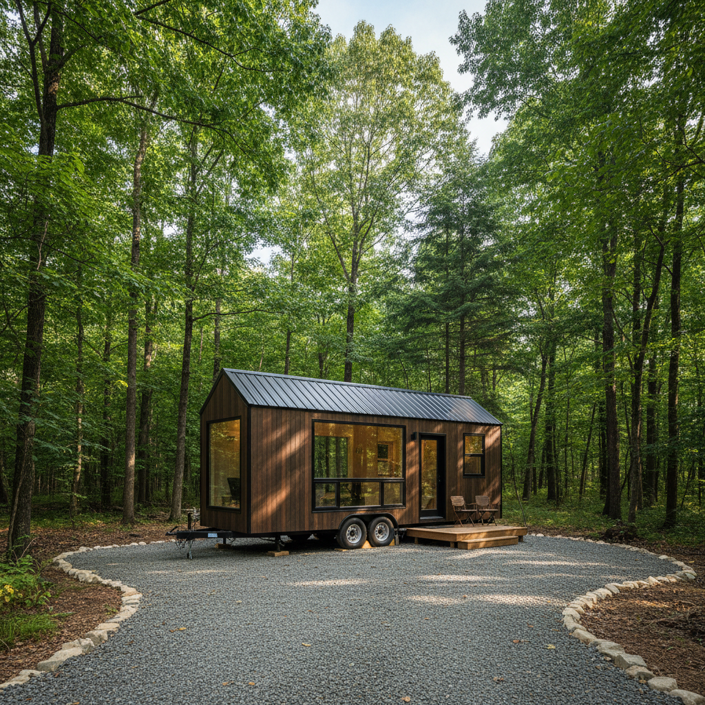 Modern tiny house on wheels parked on gravel pad surrounded by trees