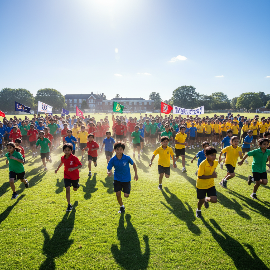 Children playing a team sport on a bright green field, running and laughing in school uniforms
