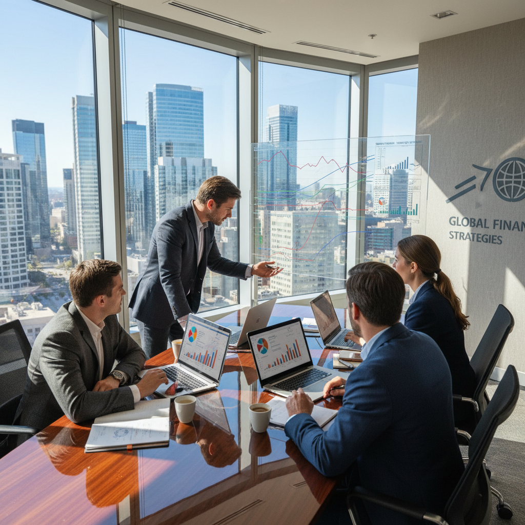 Financial advisor presenting charts and planning documents across a conference table, professional setting