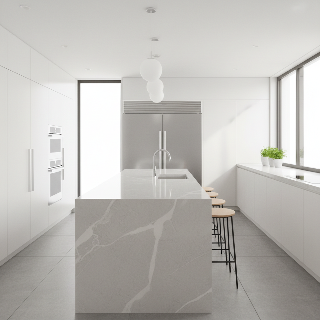 Contemporary kitchen with white cabinets and stone countertops
