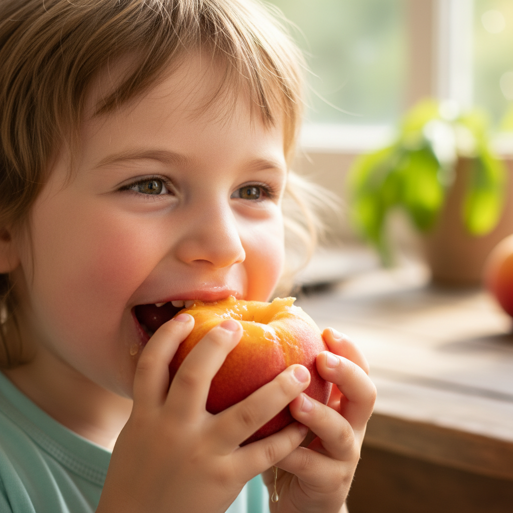 Child biting into a peach